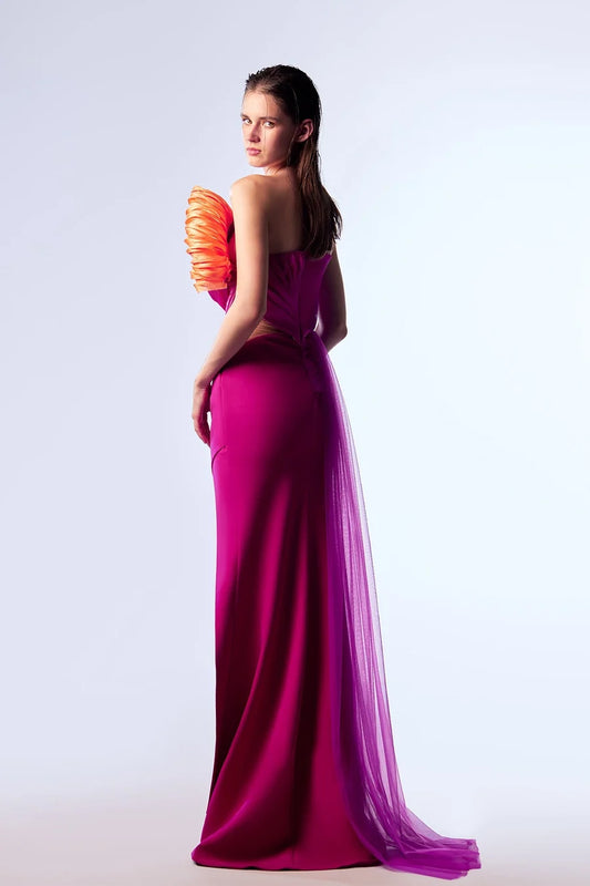 Vestido de Noche Fruncido con Tirantes y Nudo