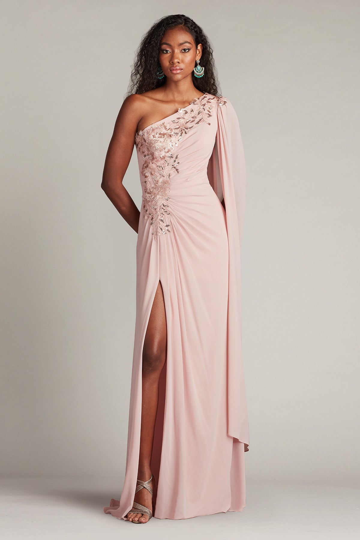 Sequin Embellished Cape Sleeve Gown
