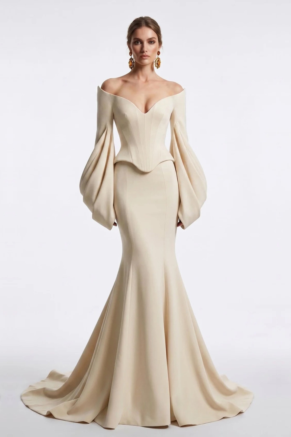 Corseted Off-Shoulder Crepe Mermaid Gown