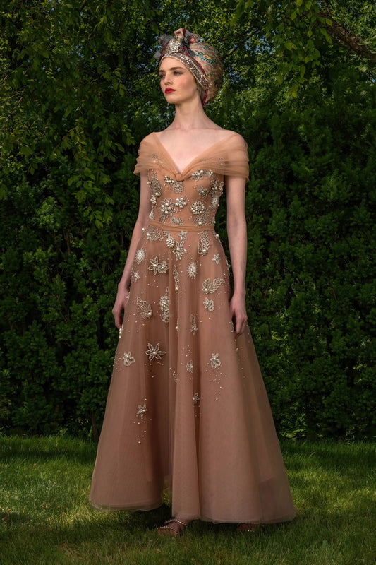 Off the Shoulder Tulle Tea-Length Gown
