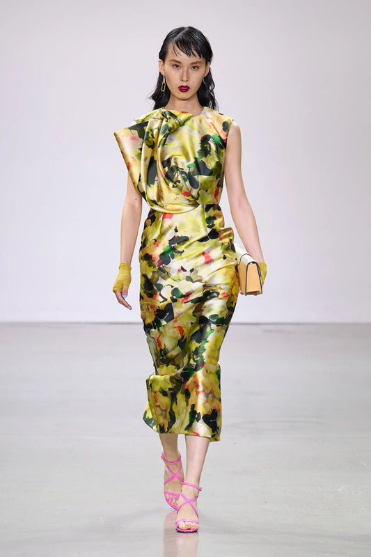 Bow Draped Bodice Printed Dress