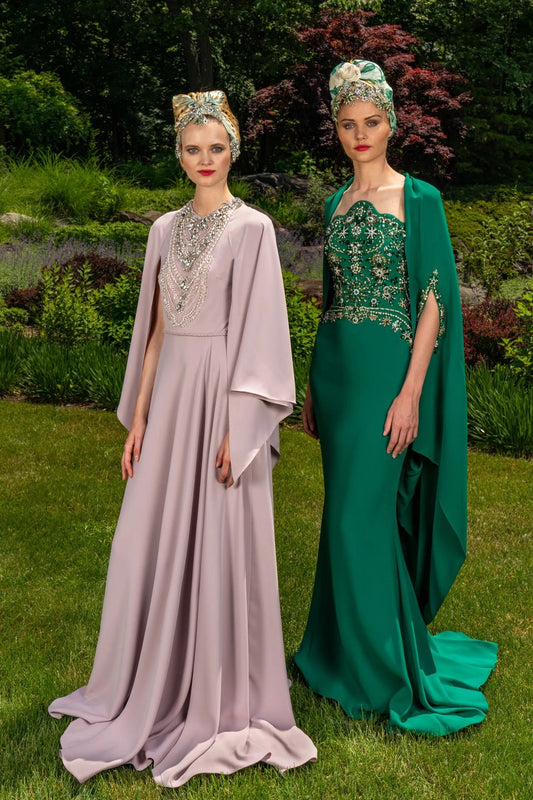 Sleeveless Crepe Gown with Cape