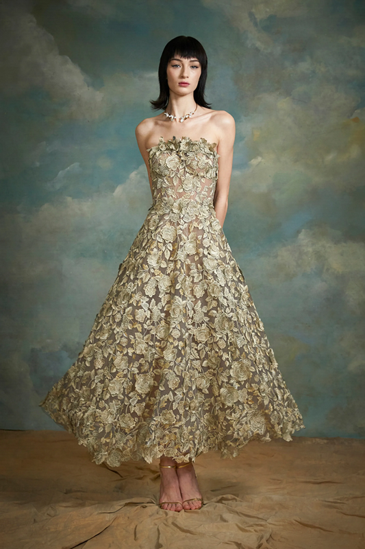 Strapless Metallic Floral Lace Dress
