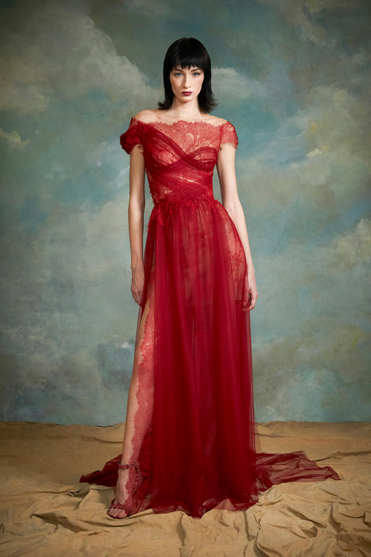 Off-Shoulder Illusion Lace Gown