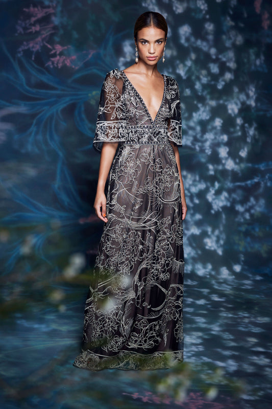 Deep V-Neck Sleeveless Gown with Cape
