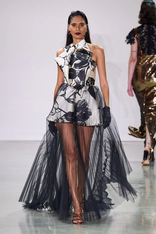 Printed Gown with Tulle Overskirt
