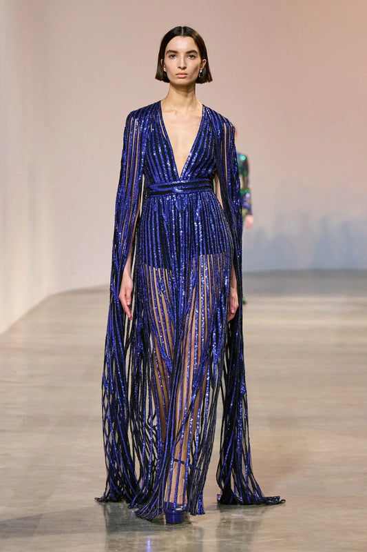 Embroidered Tulle Cape Gown