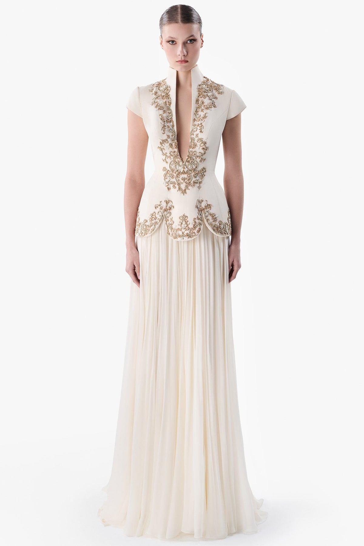 Embroidered Peplum Gown with Chiffon Skirt