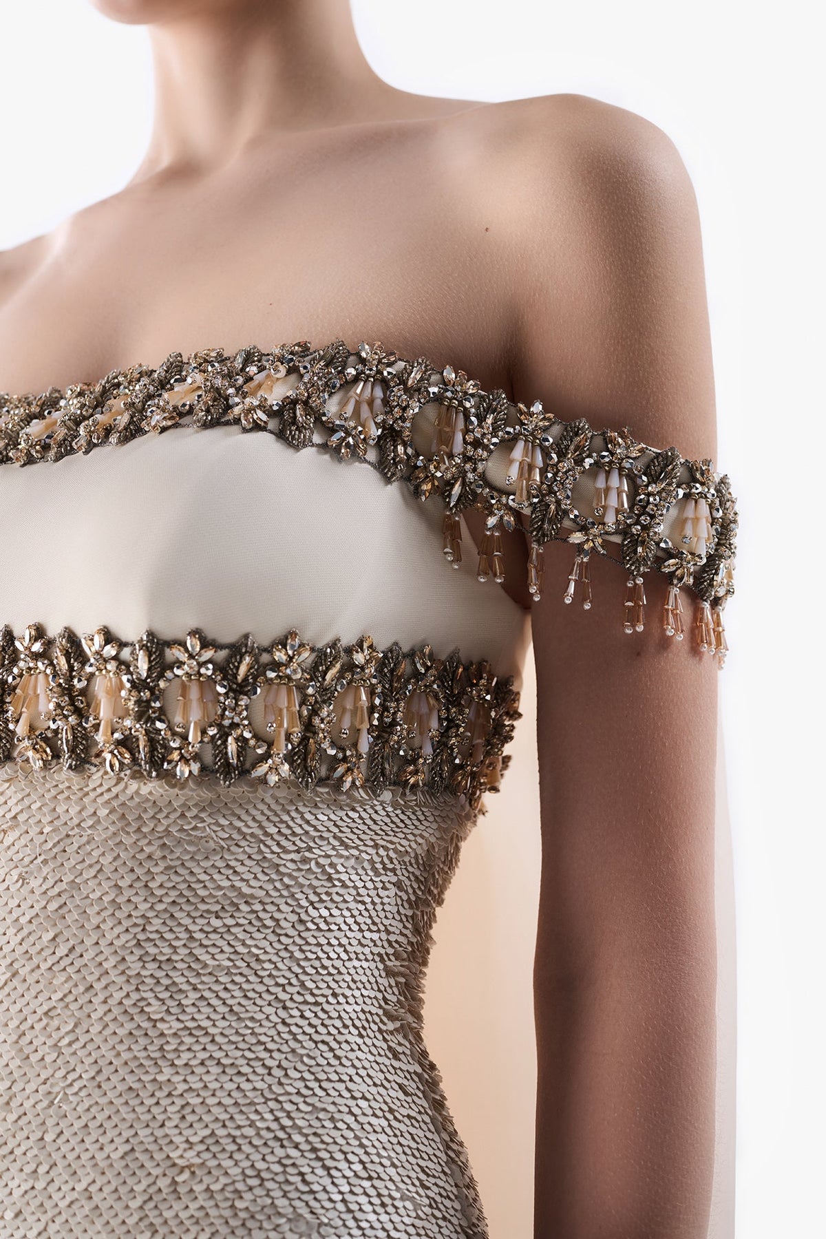 Off-Shoulder Embellished Column Gown