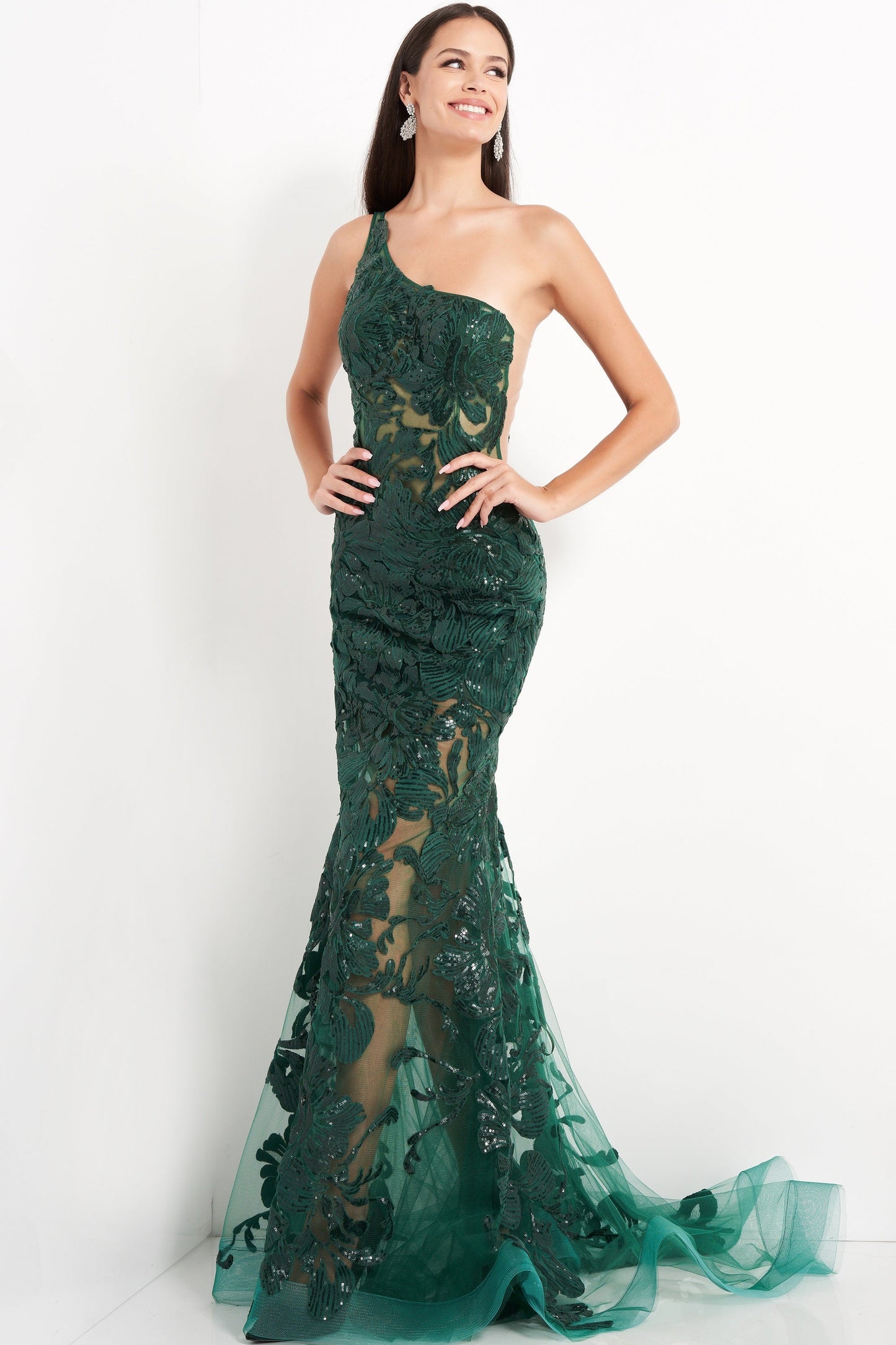 One Shoulder Embellished Sheer Gown