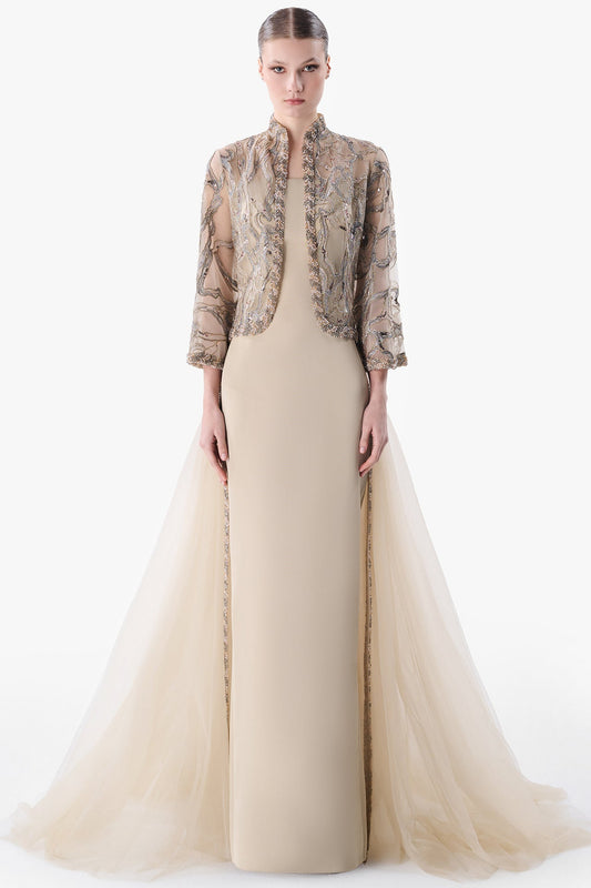 Embroidered Tulle Bolero with Column Gown
