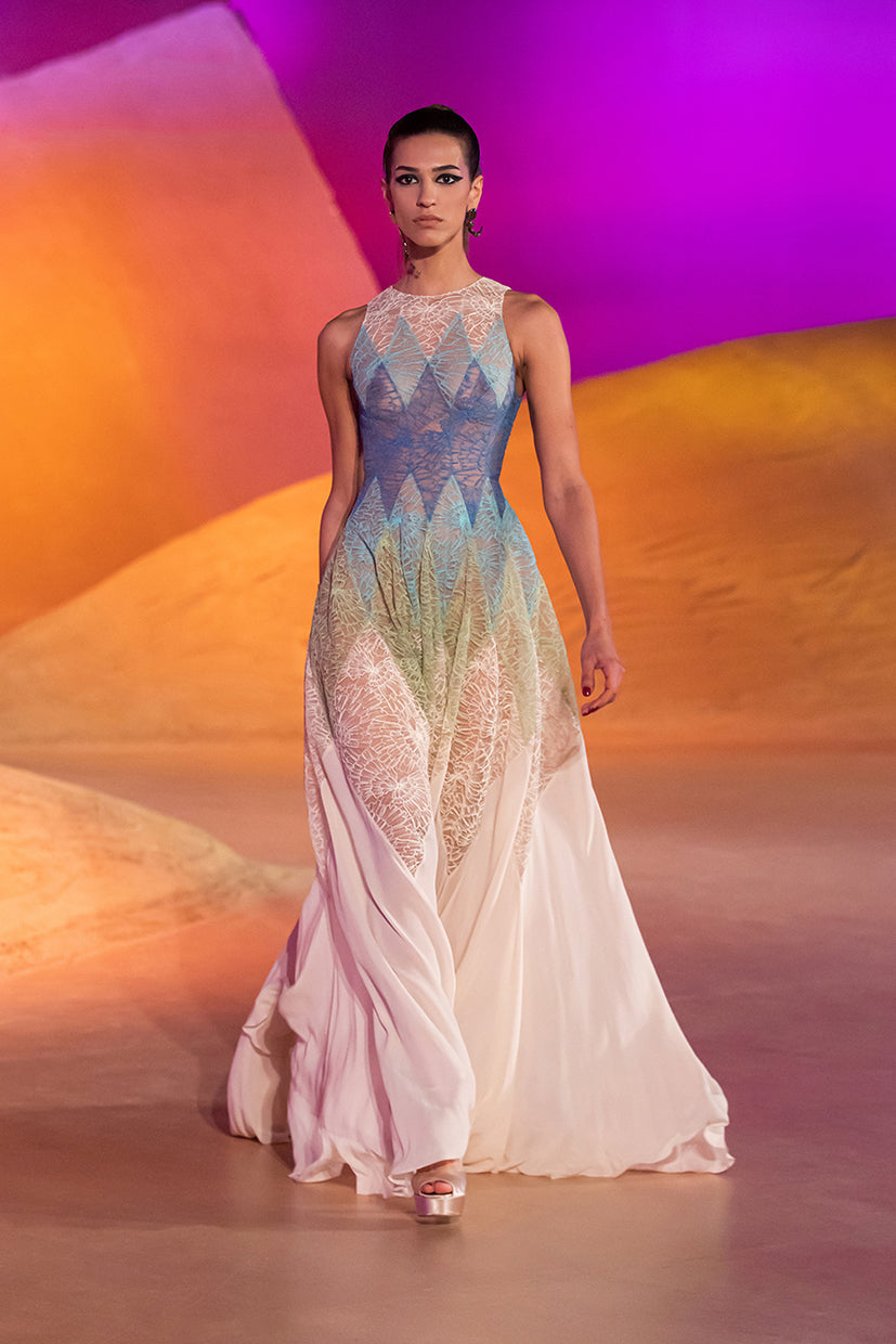 Lace and Georgette Panel Gown