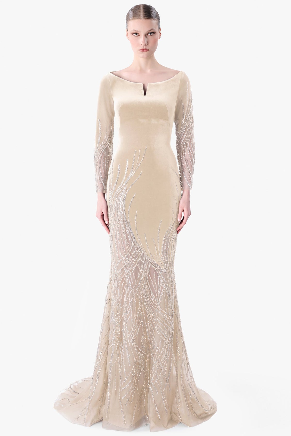 Velvet Gown with Embroidered Tulle Panels
