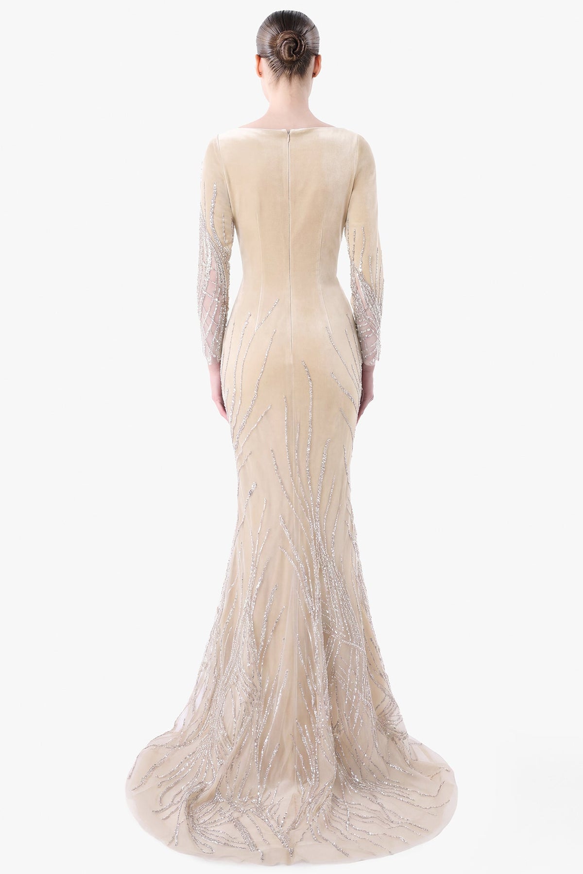 Velvet Gown with Embroidered Tulle Panels