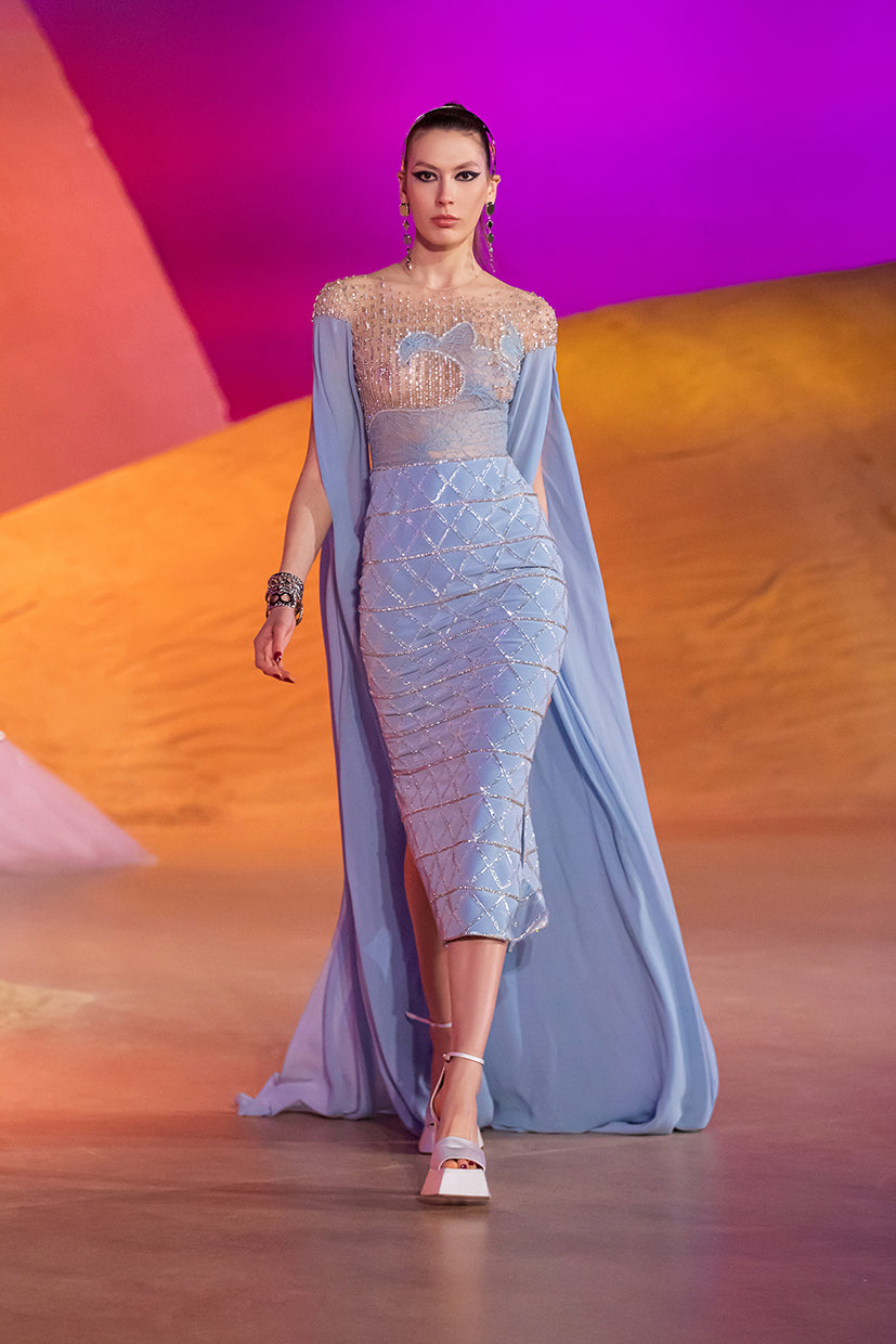 Beaded Crepe Cape Dress