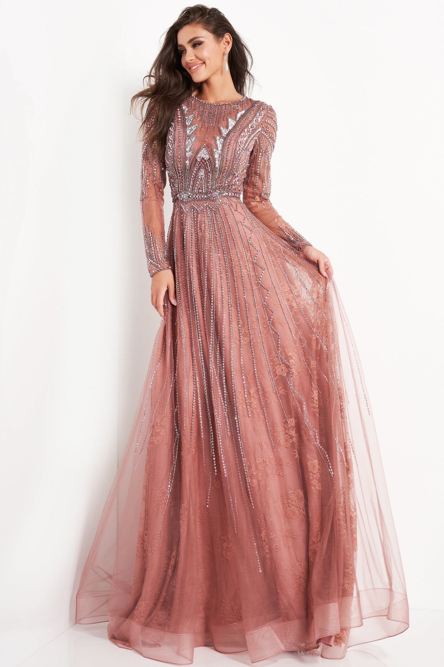 Embellished Long Sleeve Gown