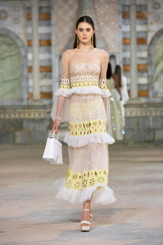 Beaded Tulle Midi Tiered Dress