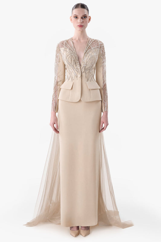 Crepe Gown with Beaded Tulle Overlay