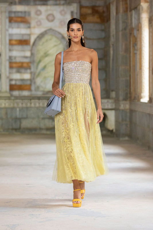 Yellow Strapless Midi Dress