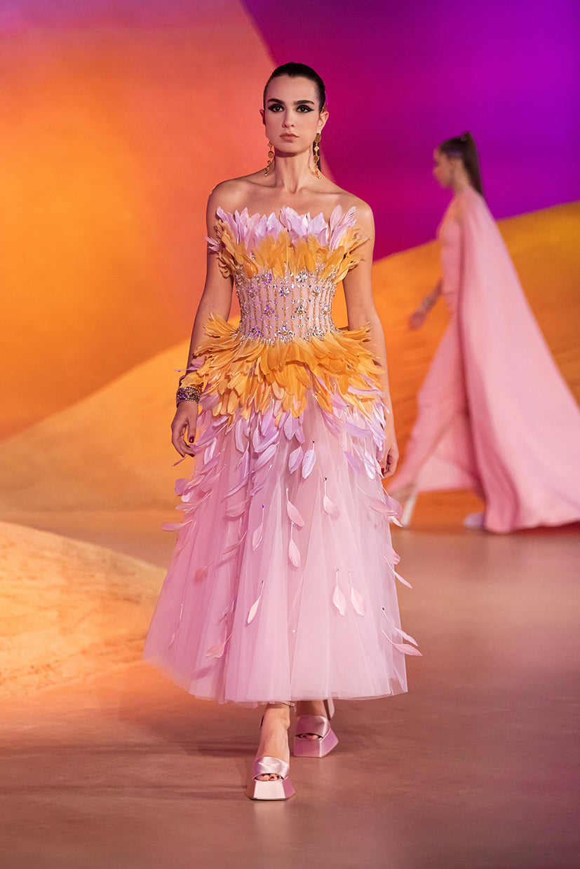 Strapless Embellished Feather Gown