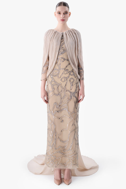 Embroidered Gown with Pleated Cape Sleeves