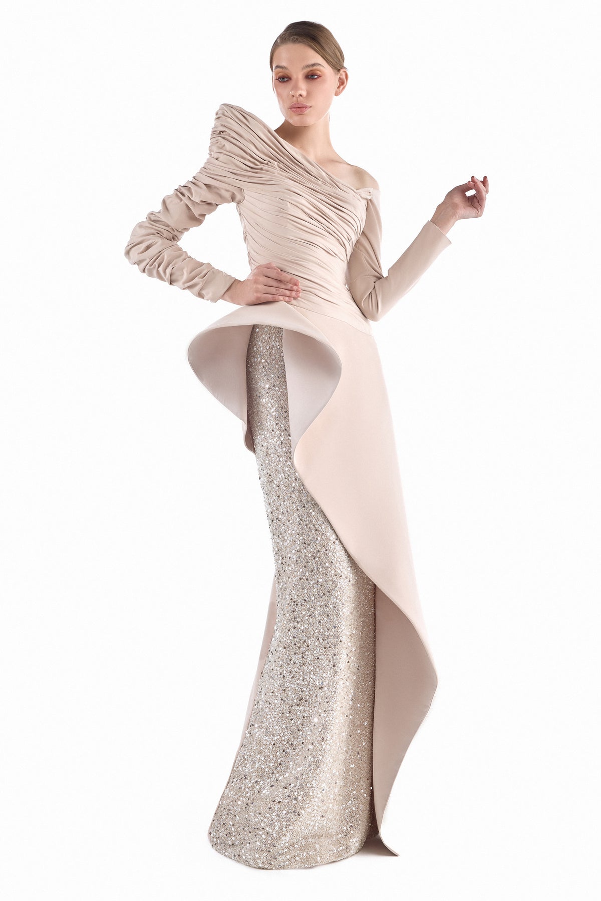 Nude Helix Column Gown