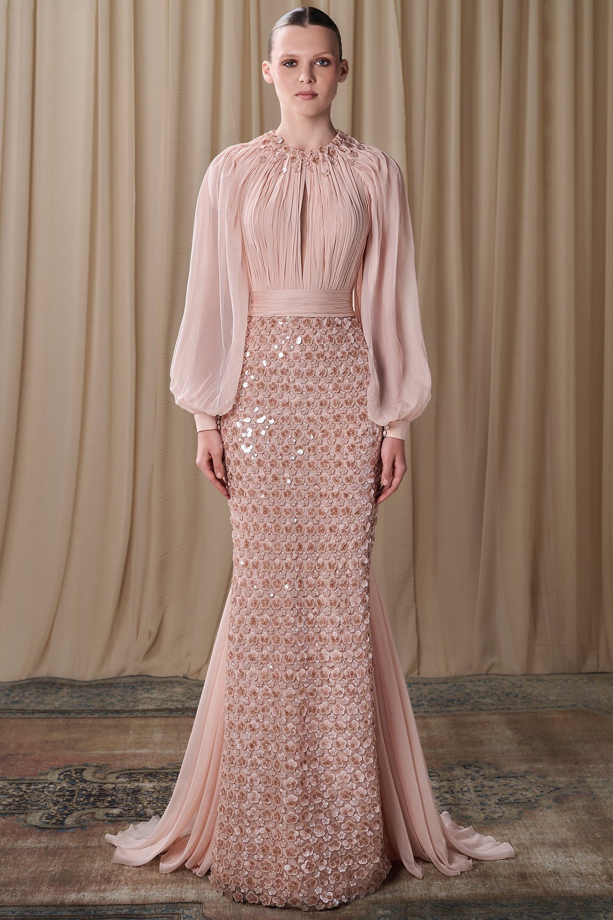Pleated Bishop-Sleeve Gown