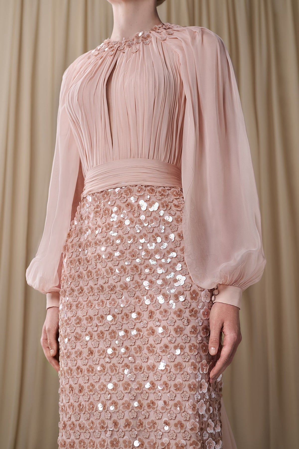 Pleated Bishop-Sleeve Gown