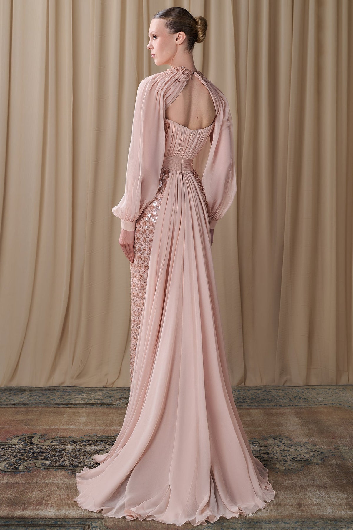Pleated Bishop-Sleeve Gown