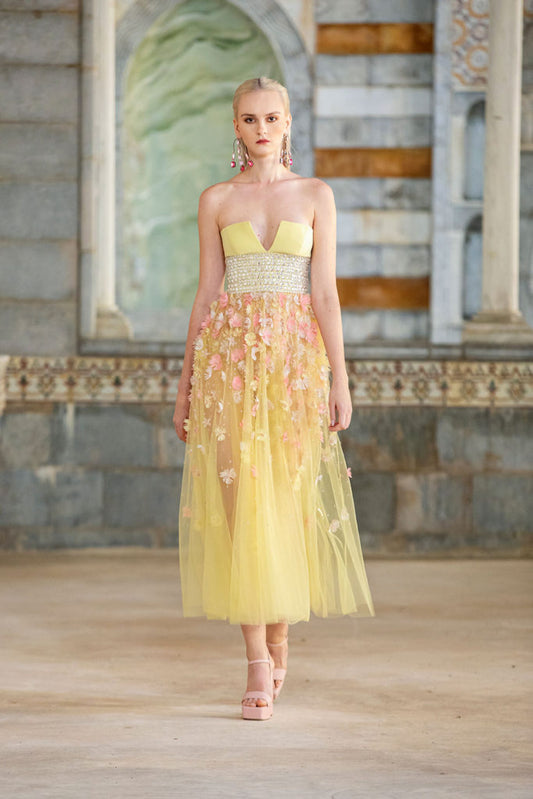 Strapless Yellow Midi Dress