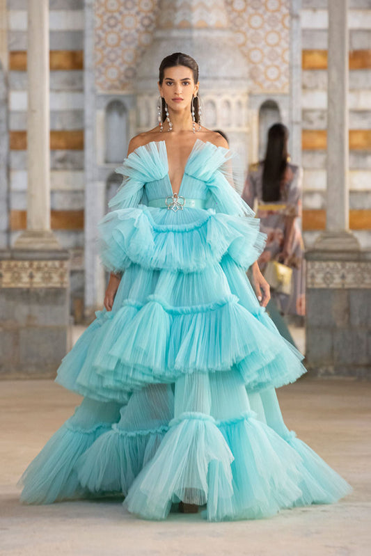 Strapless Ruffle Tulle Gown