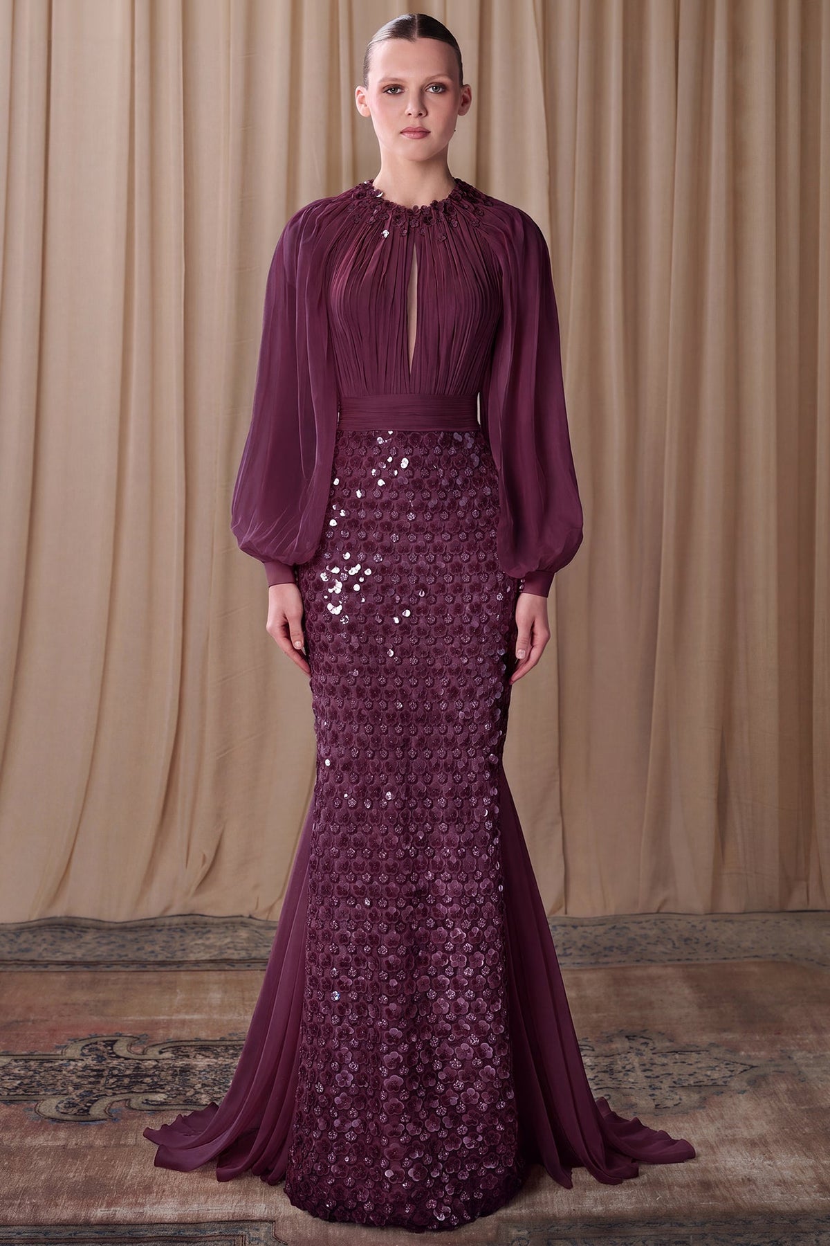 Pleated Bishop-Sleeve Gown
