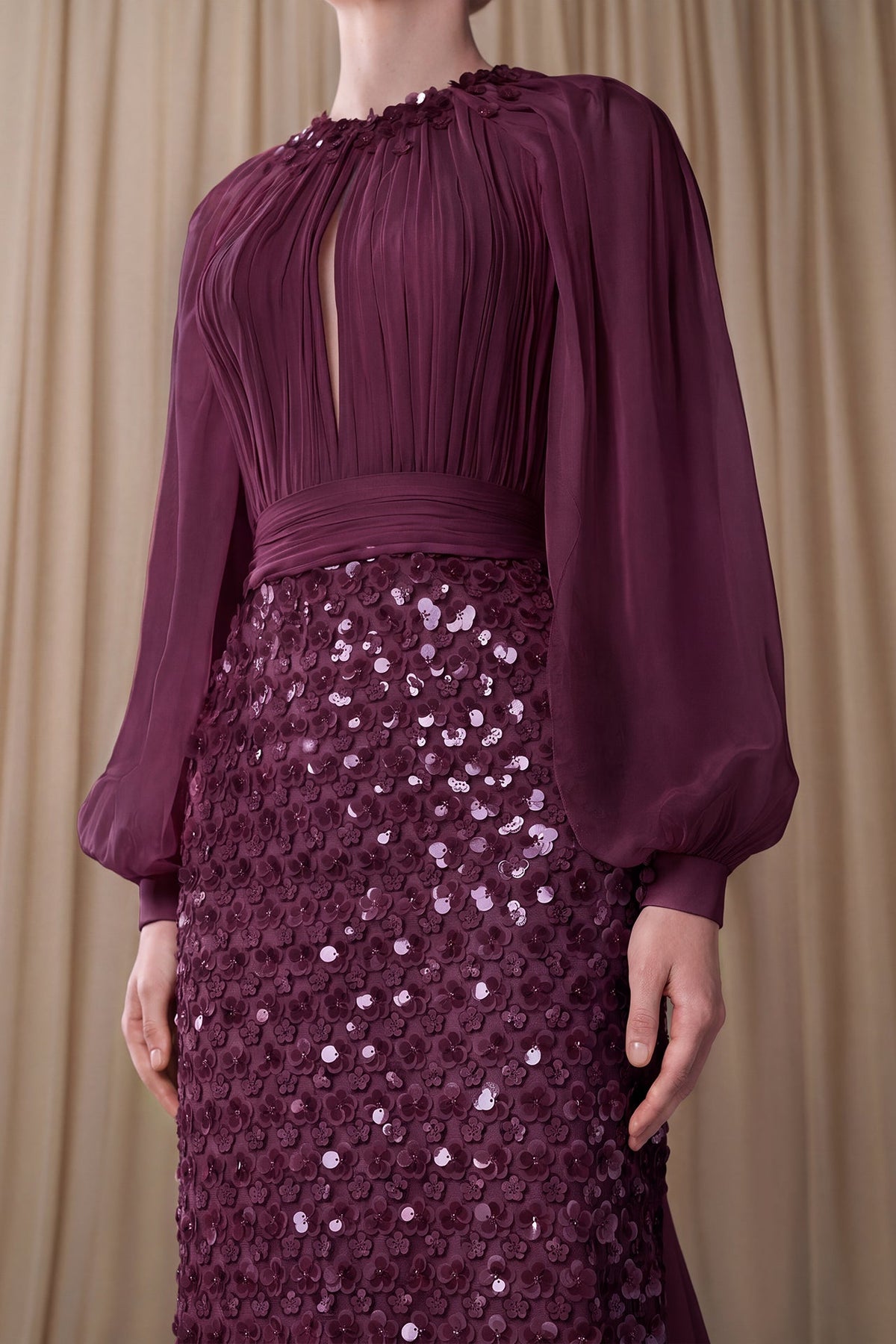 Pleated Bishop-Sleeve Gown