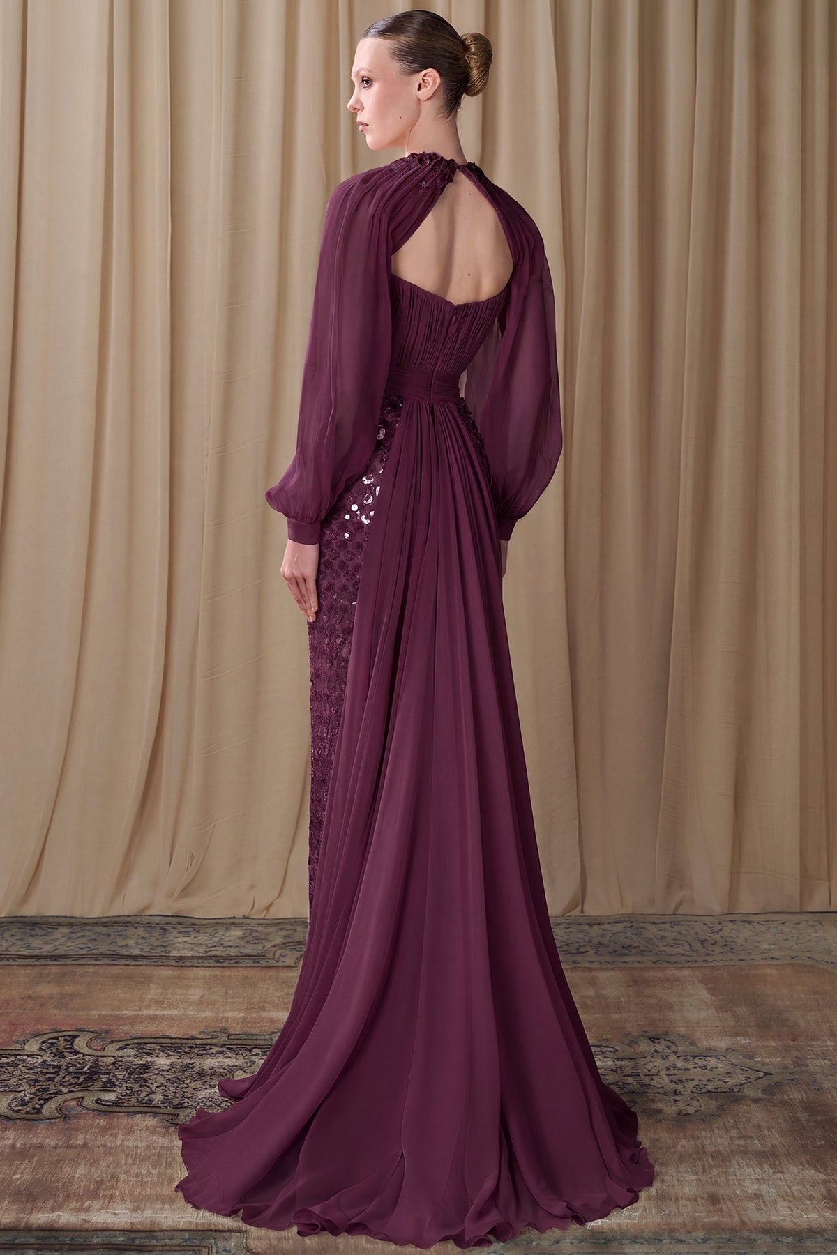 Pleated Bishop-Sleeve Gown