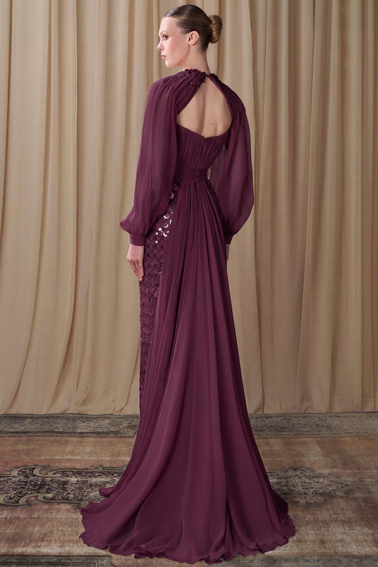 Pleated Bishop-Sleeve Gown