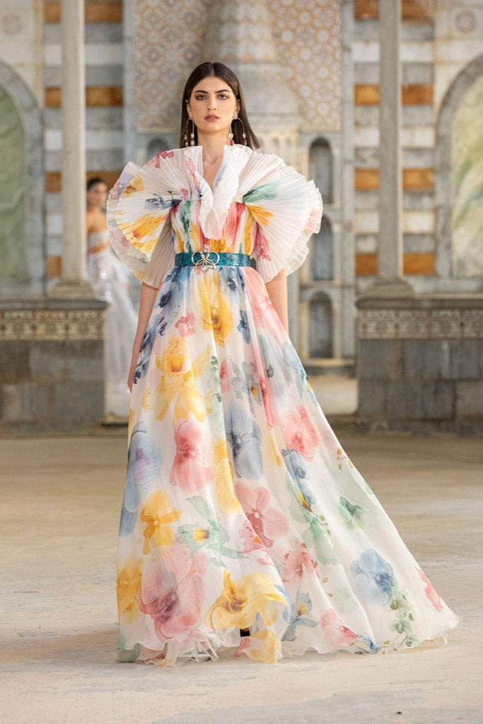 Floral Print Ruffle Gown