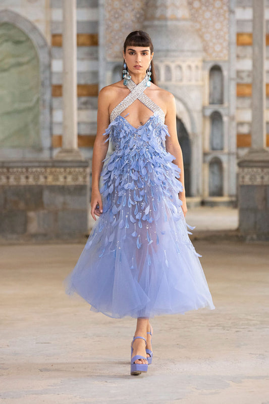 Blue Beaded Tulle Midi Dress