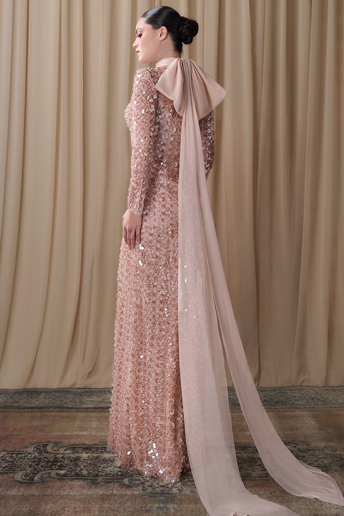 Floral Sequin Scarf-Neck Gown