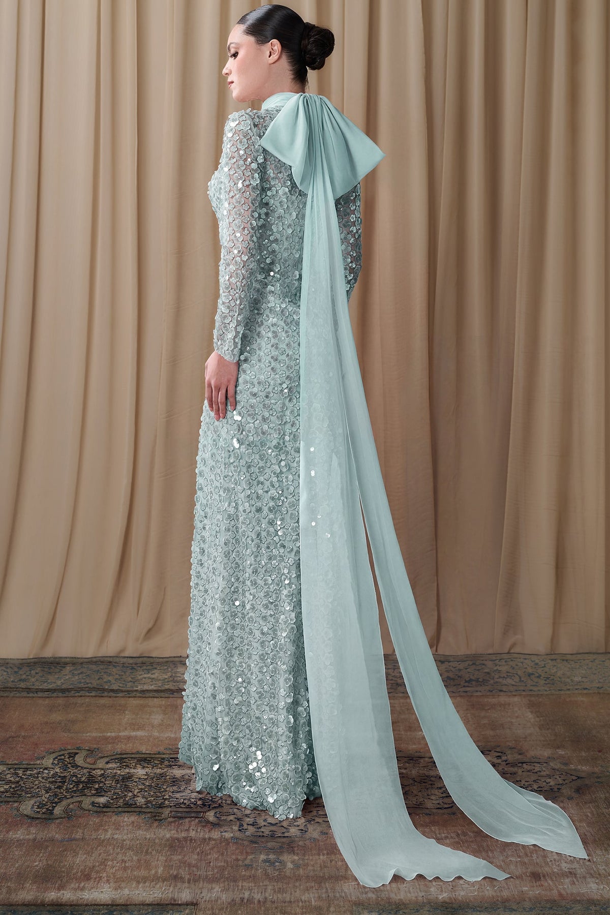 Floral Sequin Scarf-Neck Gown