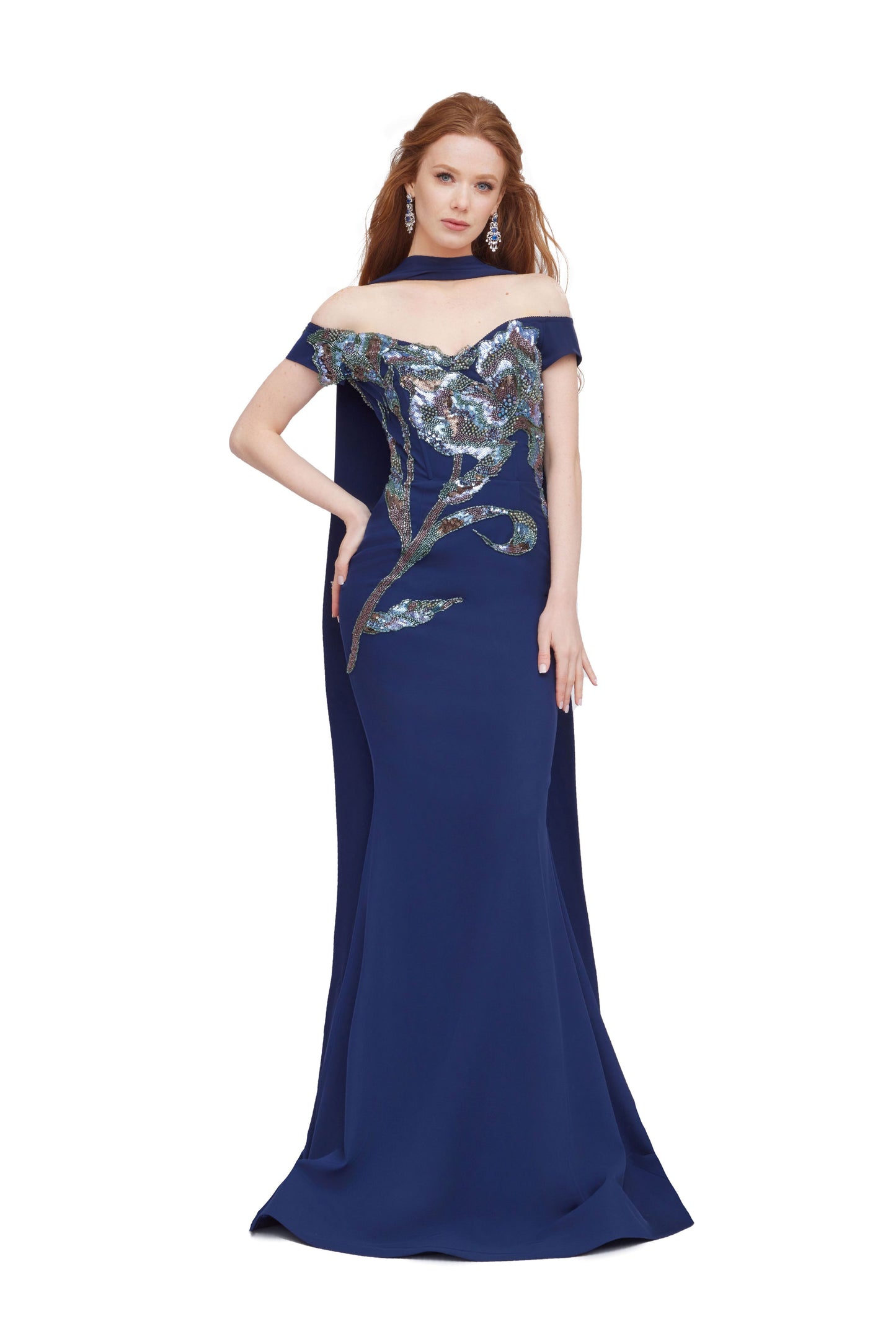 Embroidered Crepe Mermaid Gown