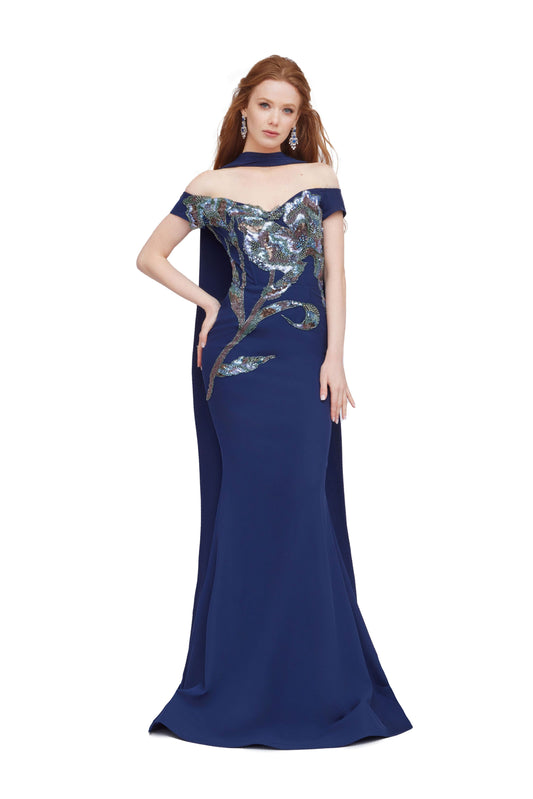Embroidered Crepe Mermaid Gown