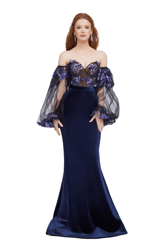 Velvet Mermaid Gown with Tulle Top