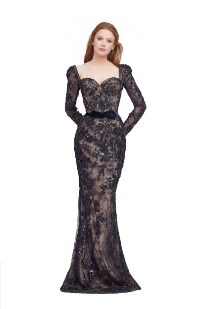 Vestido de noche sirena de manga larga con pedrería