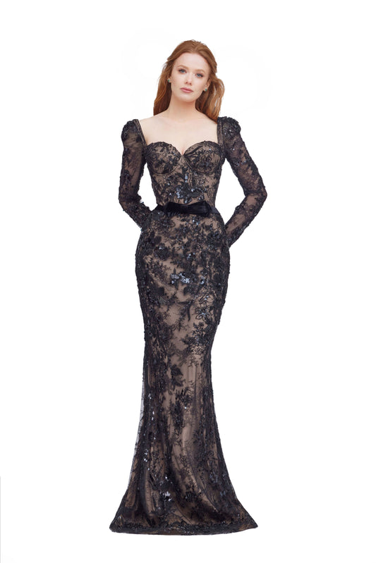 Long Sleeve Beaded Mermaid Gown