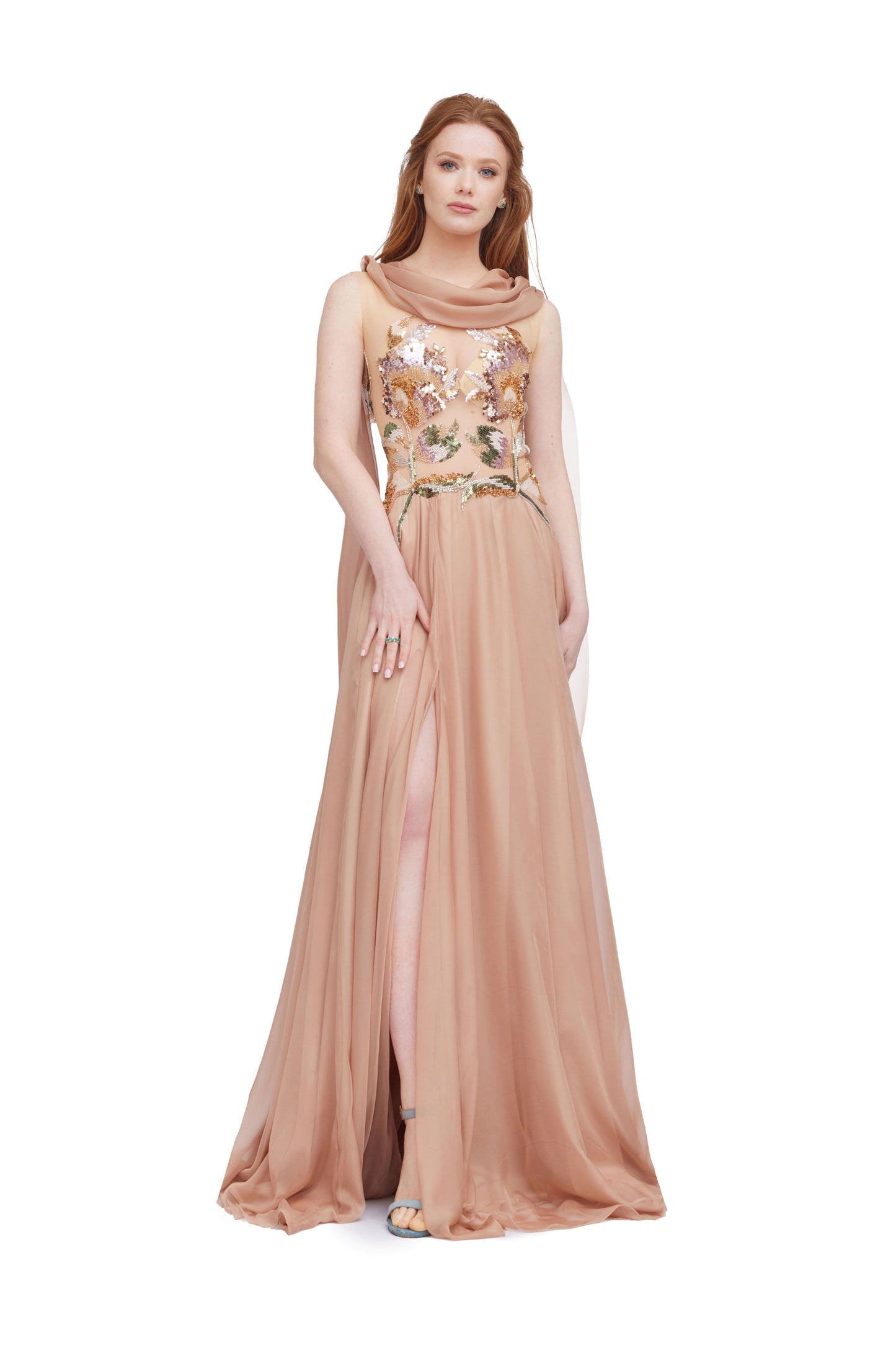Embroidered Chiffon Gown with Scarf