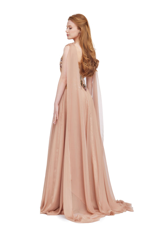 Embroidered Chiffon Gown with Scarf