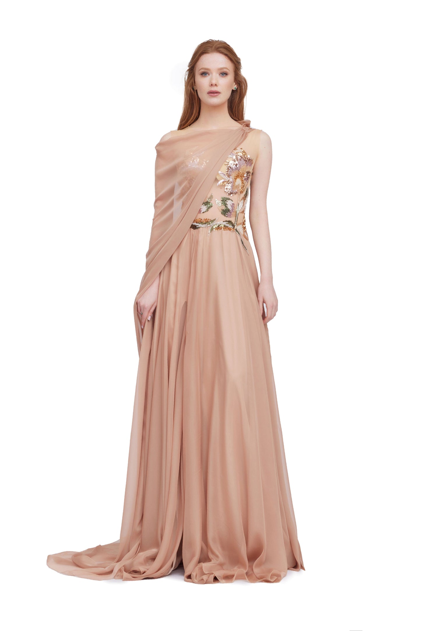 Embroidered Chiffon Gown with Scarf
