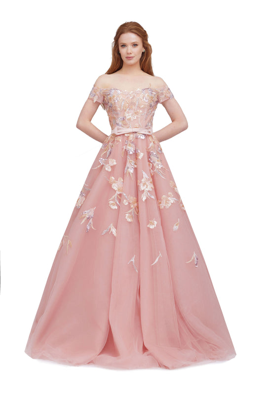 Floral Embroidered Tulle Ball Gown
