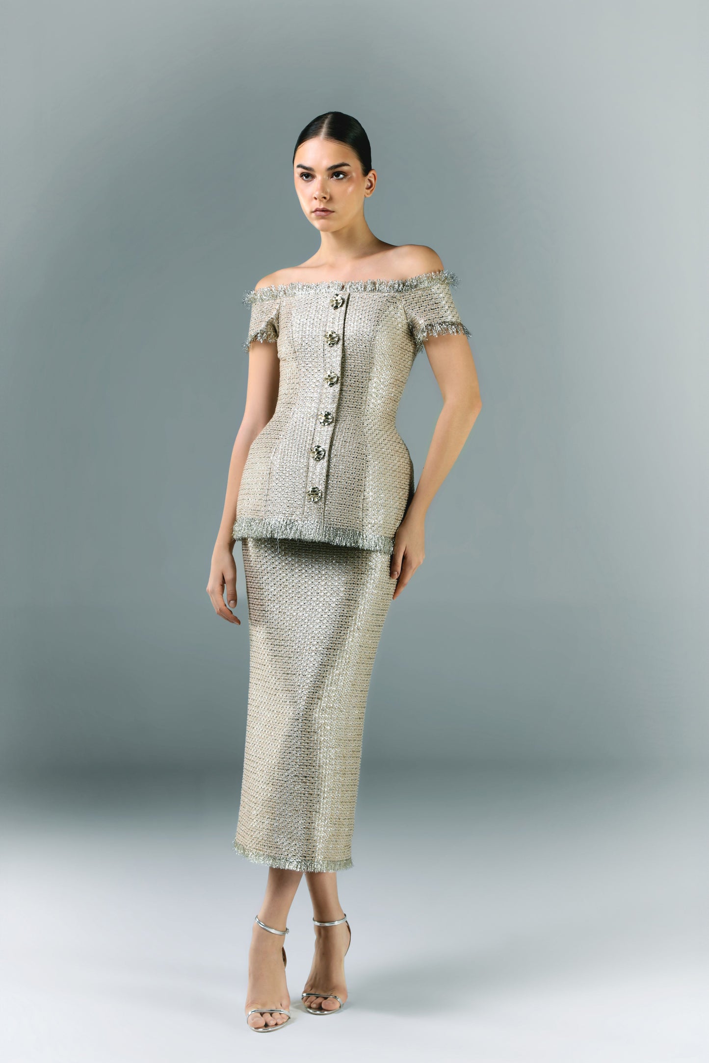 Gold Tweed Corset With Pencil Skirt