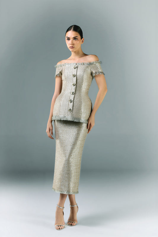 Gold Tweed Corset With Pencil Skirt